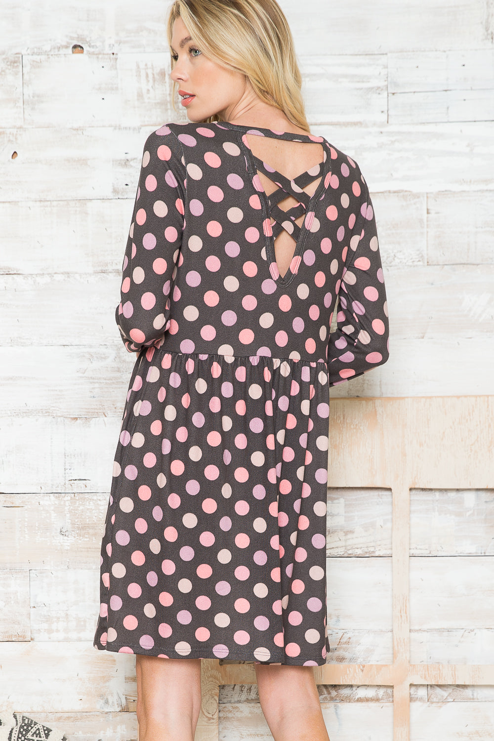 Cross Back Polka Dot Dress with Pockets Color Charcoal Combo