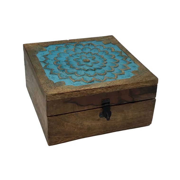 Hand-Carved Wood "Water Ripples" Hinged Square Table Box